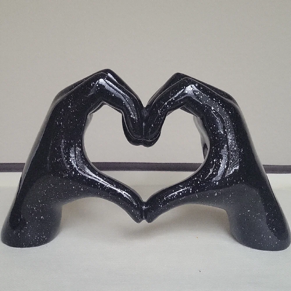 Black Marbled Resin Heart Hands Sculpture - Picture 3 of 5